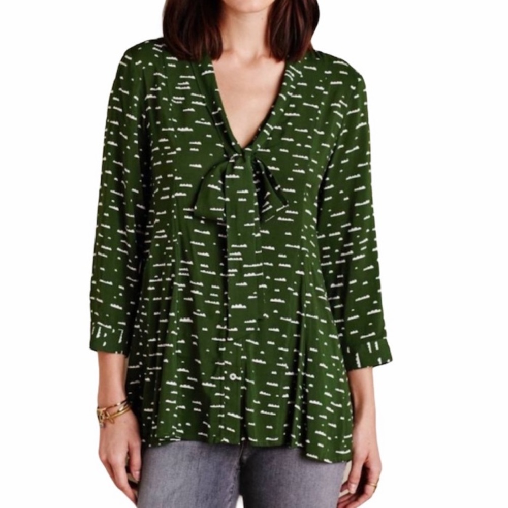 Anthropologie Maeve Tie Neck Green Cloud Motif Blouse
